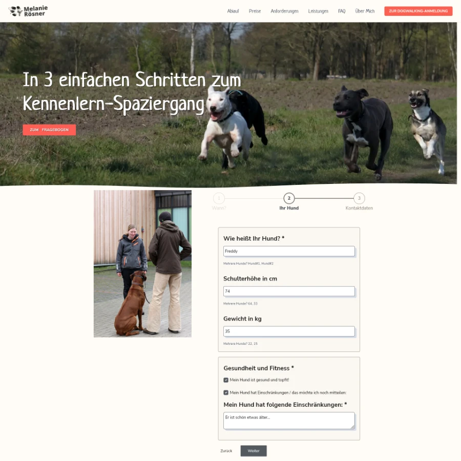 Referenz Hundeunternehmerin Melanie Rösner Dogwalker Termin Formular