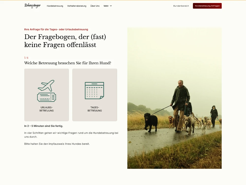 Kunde Zehengänger: Screenshot Beetreuungsanfrage